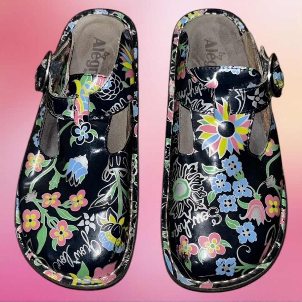 Alegria Black Floral Patent Clogs